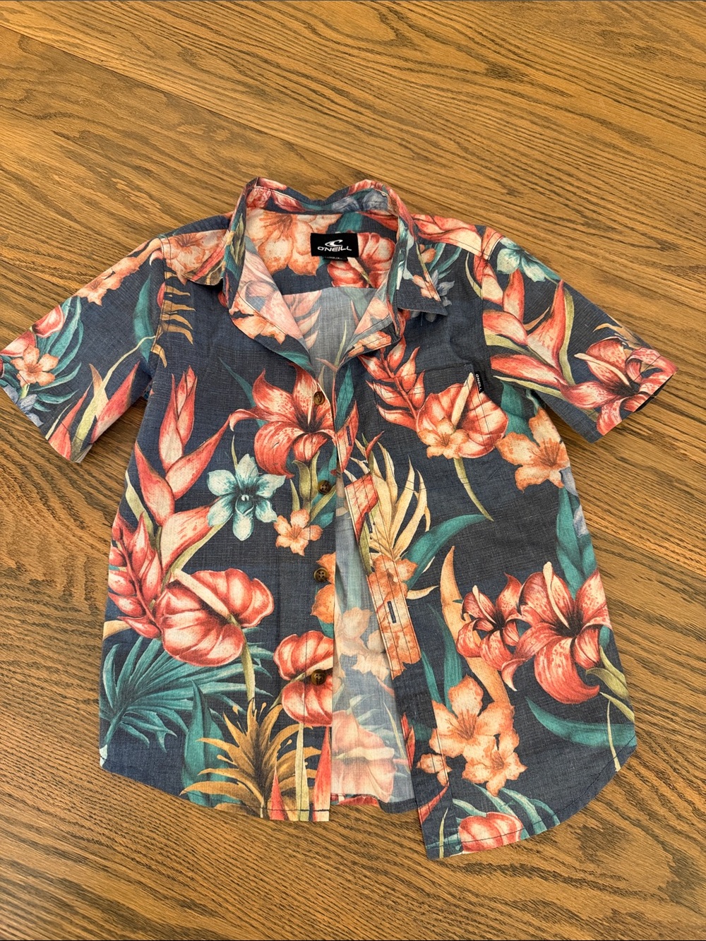 O'Neill Navy Floral Short Sleeve Button-Up Shirt with Coral and Teal Accents